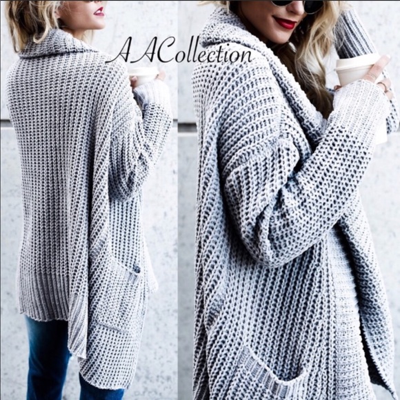 Chenille Gray Sweater cardigan drape long sleeves - Picture 2 of 3